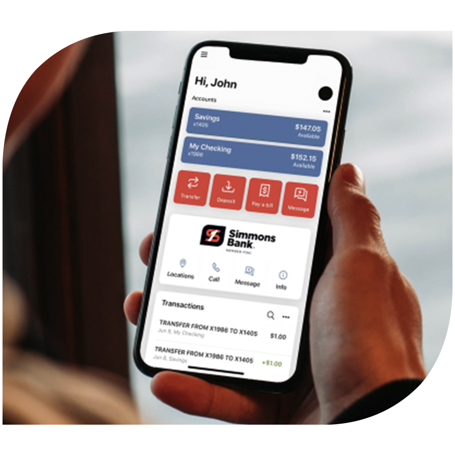 smart phone showing simmons bank mobile banking app with checking and savings account