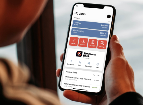 smart phone showing simmons bank mobile banking app with checking and savings account