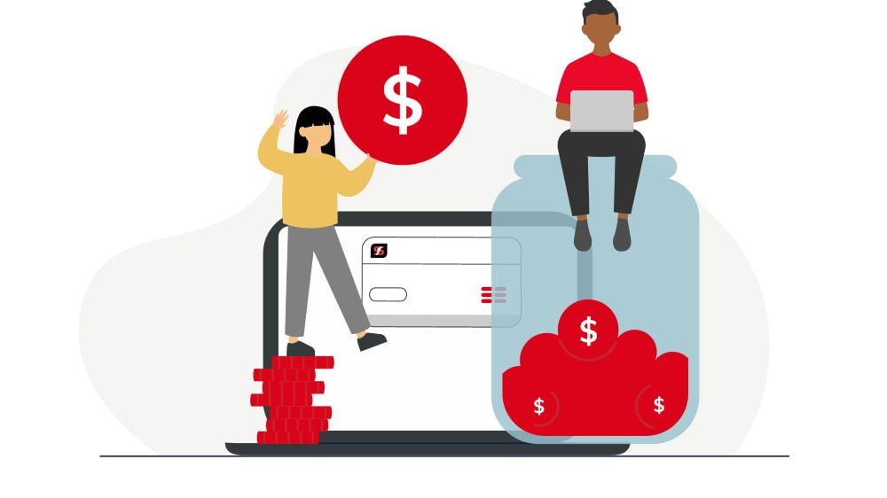 An illustration of two people putting coins in a money jar