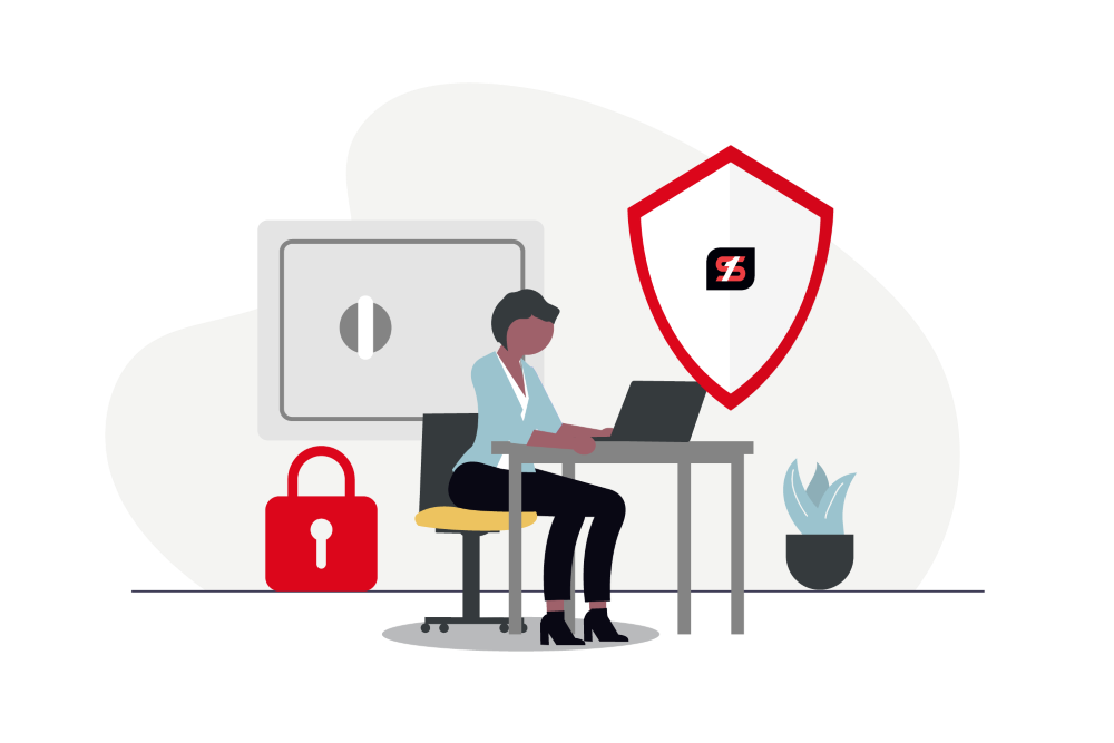 Illustration of a woman working at a desk in front of a vault