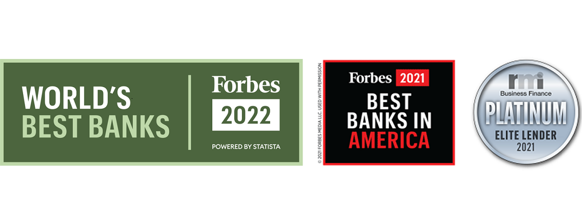 Collage of recognitions including Forbes World's Best Banks 2021, Forbes Best Banks in America 2021, Fortune 100 Fastest Growing Companies 2020 and RMI Platinum Elite Lender 2021
