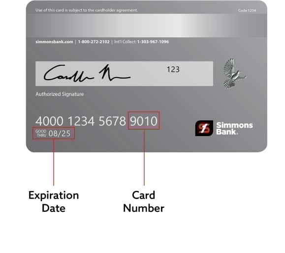 Back of credit card showing expiration date and card number