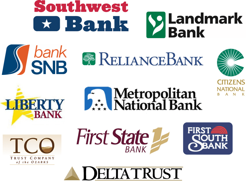collage of merged banks, including landmark bank, reliance bank, citizens national bank, bank snb, southwest bank, first south bank, metropolitan national bank, liberty bank, trust company of the ozarks, first state bank and delta trust