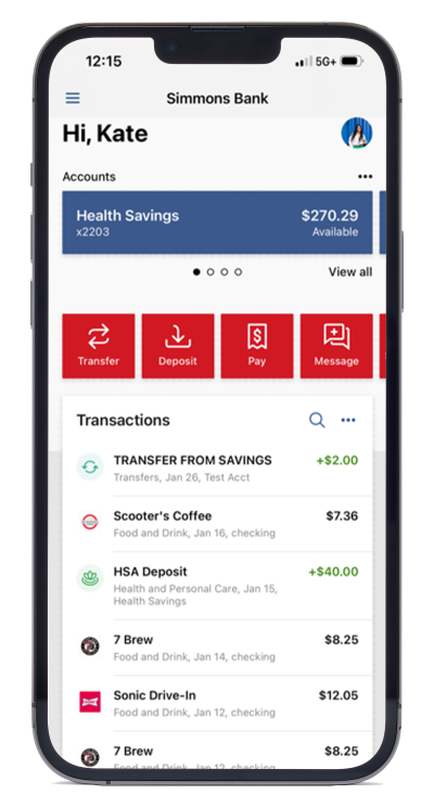 A mobile phone displaying the Simmons Bank Mobile Banking app