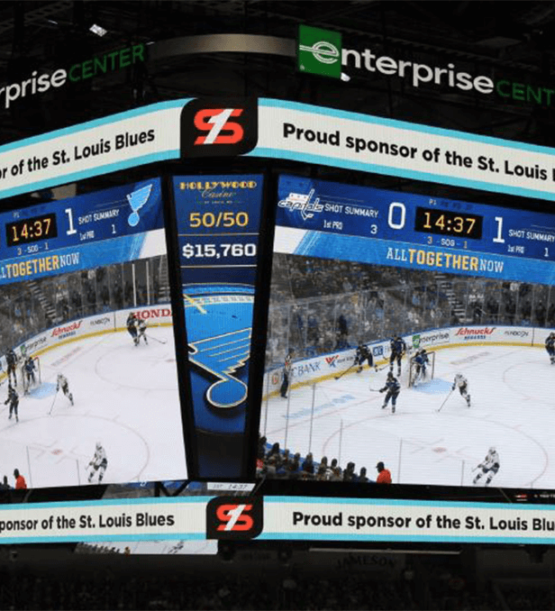 St. Louis Blues Arena scoreboard with simmons bank logo