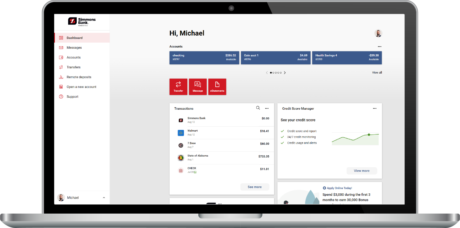 A laptop showing the Simmons Bank Online Banking website