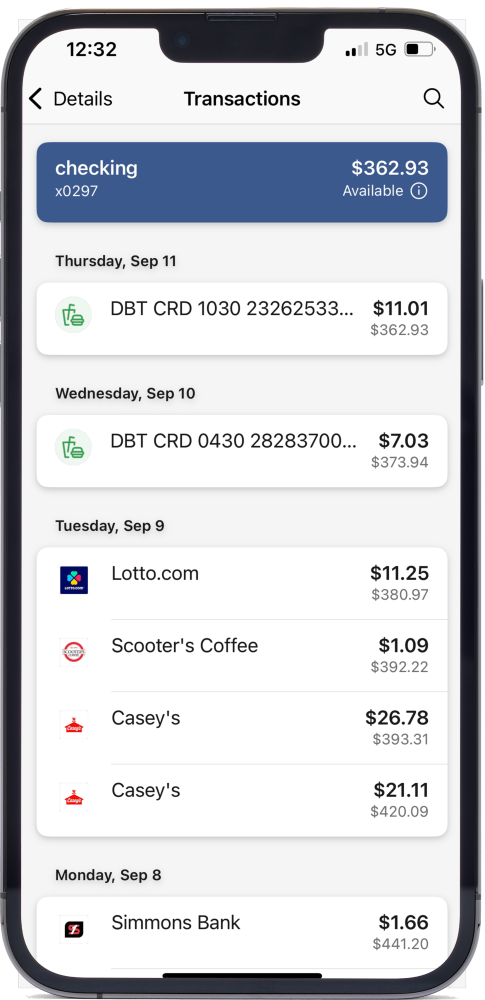 A mobile phone displaying the Simmons Bank Mobile Banking app